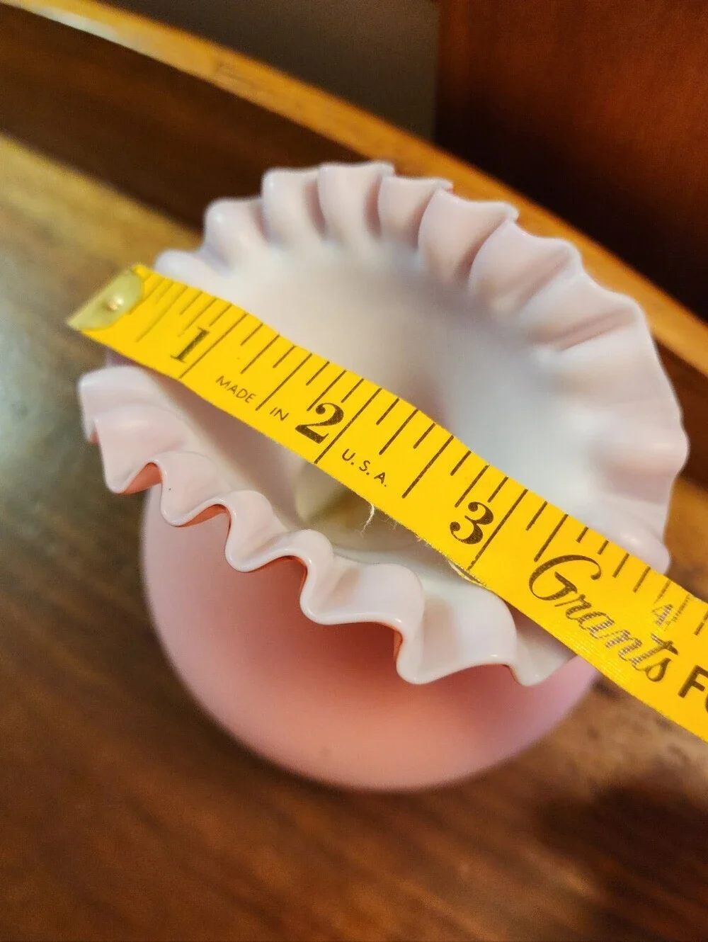 Vase Satin Cranberry Pink Opalescent Glass Ruffle Top 5
